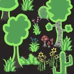 A dense cartoon forest with trees, flowers, bushes, and mushrooms.