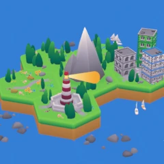 A simple low-poly cartoonish scene of a small island with a lighthouse to warn coming boats of the rocky waters nearby.