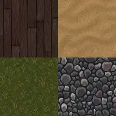 Four example retro pixelated textures showing wooden planks, sand, grass, and cobble.
