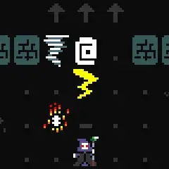 A roguelike dungeon with a lich accompanied by a flaming skull. Lightning and a tornado are also present in the scene.